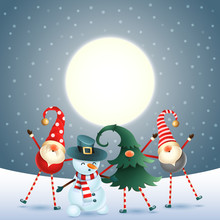 Scandinavian Gnomes And Snowman Celebrate New Year In Front Of Magical Moon - Dark Blue Snowy Background