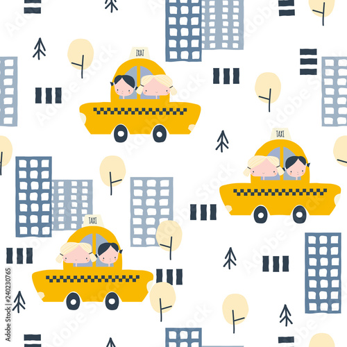 seamless-pattern-with-cartoon-girls-skyscraper-cars-and-road-cute-kids-print-vector-hand-drawn-illustration