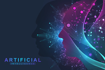 Leinwandbilder - Futuristic Artificial Intelligence and Machine Learning Concept. Human Big Data Visualization. Wave Flow Communication, Scientific vector illustration.