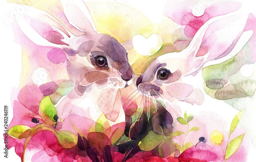 Hand painted watercolor. The couple of rabbits in romantic settings