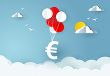Balloon Carries Eur, Euros Money Sign. Paper Art