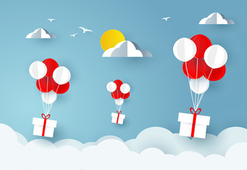 Balloons carries gift boxes over sky. Paper art