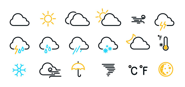 weather icons set isolated on a white background. clouds logo and sign collection. black, blue and y