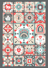 Poster - Concept of original Christmas greeting  card made of folk patterned squares.