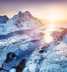 Wall Mural - aerial view at the lofoten islands, norway. mountains and sea during sunset. natural landscape from 