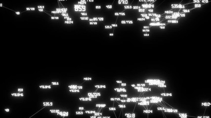 Poster - Running on camera numbers.Digital Data Points Network Loop.dark background, rotating flickering white light mesh cloud of connections, random percentage number values .seamless loop.