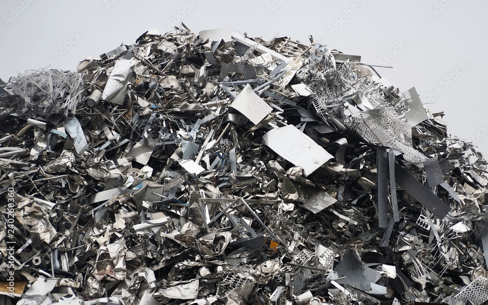 Large stack of aluminum and ferrous materials scrap ready for recycling - obrazy, fototapety, plakaty 