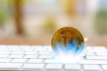 Poster - Cryptocurrency Bitcoin. Digital virtual money for banking and international network payment with blockchain.