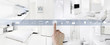 © amedeoemaja - smart home control concept hand touch icons screen with interiors, living room, kitchen, bedroom and bathroom on blurred background, web banner and copy space template