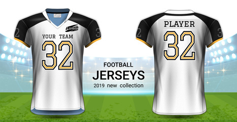 Wall Mural - American Football or Soccer Jerseys Uniforms, Realistic Graphic Design Front and Back View for Presentation Mockup Template, Easy Possibility to Apply Your Artwork, Text, Image, Logo (Eps10 Vector)