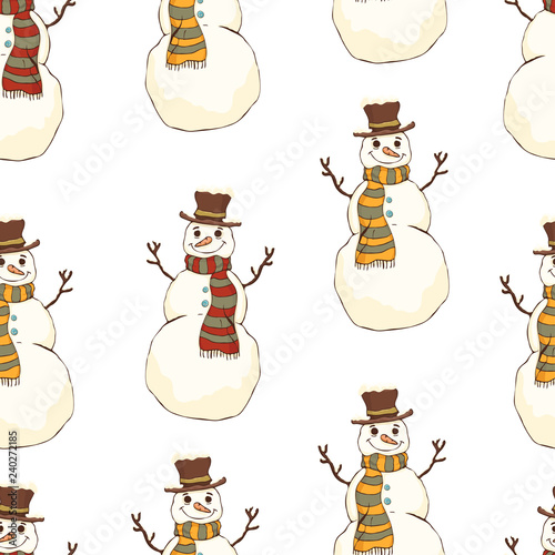 Cheerful Snowman In Cylinder Hat And Scarf Seamless Pattern Bright Colorful Cartoon Drawing Vector Background Cute Funny Smiling Happy Drawn Snow Man On White Background For Fabric Design Stock Vector Adobe