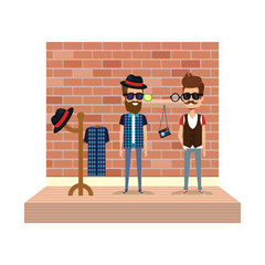 Wall Mural - couple men hipster style with coat rack