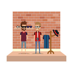 Poster - couple men hipster style with coat rack