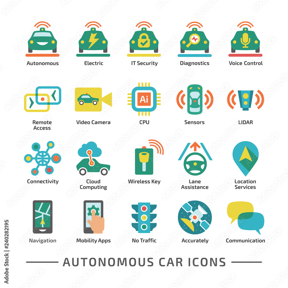 Autonomous car vector color icon set. Self driving smart vehicle symbol ...