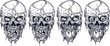 Detailed graphic realistic cool white human skulls with horrible pieces of dead skin, eyes, open mouth and broken teeth. On white background. Vector icon set.