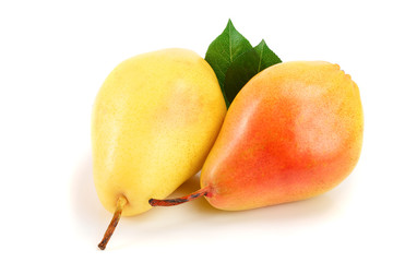 two ripe red yellow pear with leaves fruits isolated on white background