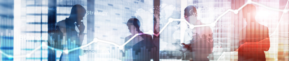 Wall Mural - Business abstract background double exposure graph, chart and diagram. World wide map and. Global business and financial trading concept. Website header banner.