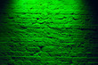 Grunge neon green brick wall texture background. Magenta colored brick wall texture architecture pattern.