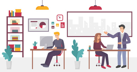 Poster - People in creative coworking Office center in university campus interior vector illustration.