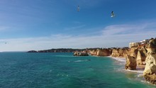 Aerial Atlantic Coastline Flight Over Portugal Portimao Beaches And Rocks
