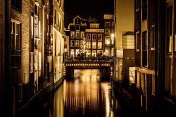 Wall Mural - Amsterdam night landscape, night city concept. Architecture landmark city. Night lights