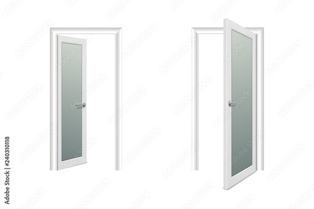 Vector Realistic Different Opened and Closed White Wooden Door Icon Set ...