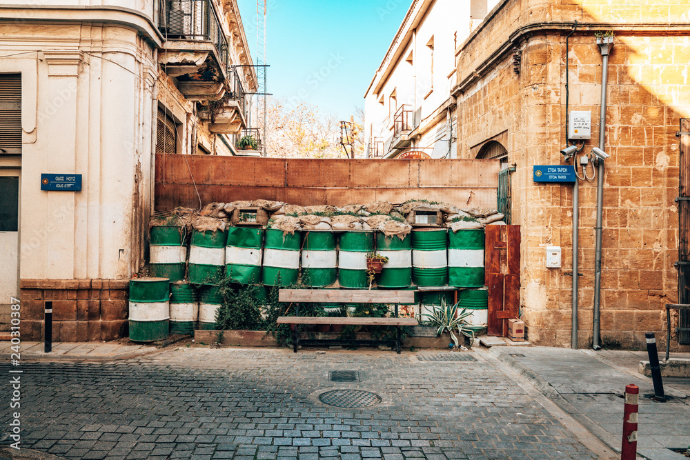 October 10, 2018. Nicosia, Cyprus. Part of the "Green Line" ("Buffer zone" or "Dead Zone") in the old town of Lefkosia (Nicosia), the last divided capital in the world. Stock-foto | Adobe Stock