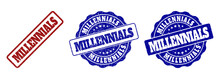 MILLENNIALS Grunge Stamp Seals In Red And Blue Colors. Vector MILLENNIALS Marks With Draft Surface. Graphic Elements Are Rounded Rectangles, Rosettes, Circles And Text Tags.