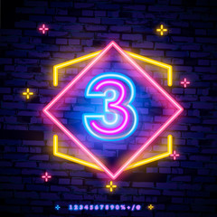 Number three symbol neon sign vector. Third, Number three template neon icon, light banner, neon signboard, nightly bright advertising, light inscription. Vector illustration