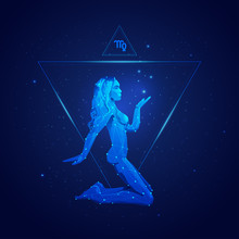 Virgo Horoscope Sign In Twelve Zodiac With Galaxy Stars Background, Graphic Of Wireframe Sexy Girl