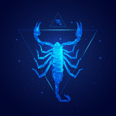 scorpio horoscope sign in twelve zodiac with galaxy stars background, graphic of wireframe scorpion