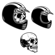 Biker Skull In Racer Helmet In Engraving Style. Design Element For Logo, Label, Emblem, Sign, Poster, T Shirt.