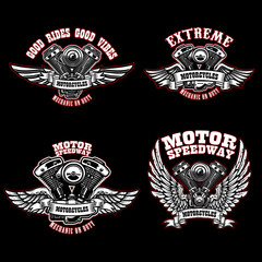 Canvas Print - Set of biker emblem templates with winged motorcycle engines. Design element for logo, label, emblem, sign, poster, t shirt.