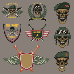 set of military emblems. paratrooper skull with crossed knives.design element for logo, label, emble