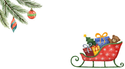 Wall Mural - Watercolor vector greeting card with Christmas green fir trees, sleigh, toys and gifts.