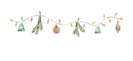 Wall Mural - watercolor vector christmas garland with lights, balls, fir branches and bells.
