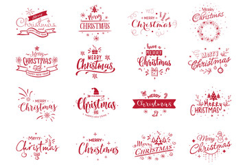 Wall Mural - Merry Christmas. Happy New Year set 2019. Typography vector logo, emblems, text design. Usable for banners, greeting cards, gifts etc red colour