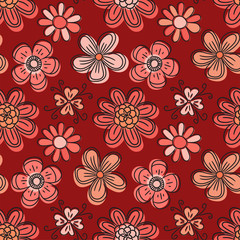 Poster - Flower seamless pattern. Red color vector background. Summer and spring print