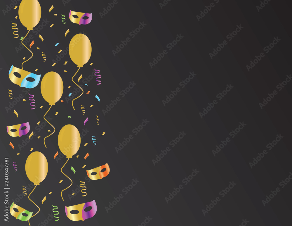 Colorful confetti and masks Golden balloons on Black background - obrazy, fototapety, plakaty 