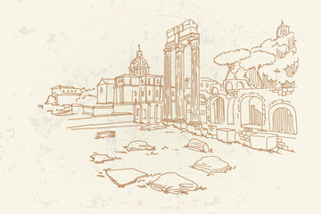 Fototapete - vector sketch of Ancient ruins of a Roman Forum or Foro Romano, Rome, Italy.