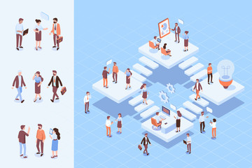 Wall Mural - Teamwork, cooperation. Office people.Isometric people vector set.  Isometric office workspace with people working together. Coworking. Flat vector illustration.	