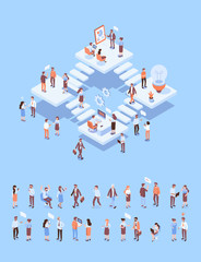 Canvas Print - Teamwork, cooperation. Office people.Isometric people vector set.  Isometric office workspace with people working together. Coworking. Flat vector illustration.	