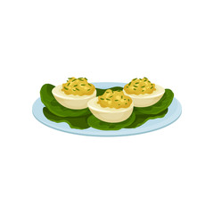 Poster - Boiled eggs stuffed with mustard and greens. Appetizing snacks on blue plate. Food theme. Flat vector icon