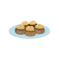 Canvas Print - Stuffed mushrooms on blue plate. Tasty snacks. Appetizing food for festive banquet. Flat vector design