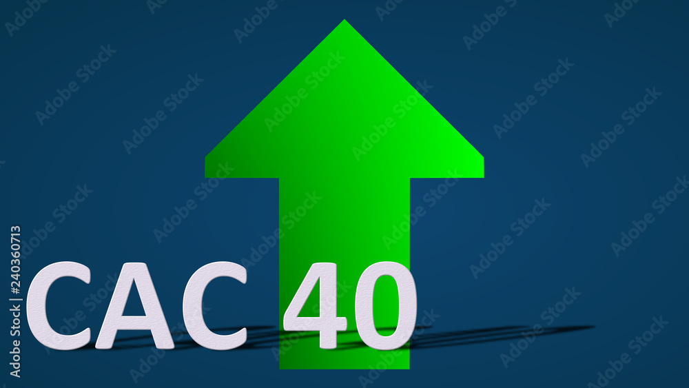 Illustration Stock The French stock market index CAC 40 is going up. A  green arrow behind the CAC 40 label on a blue background is showing upwards  and symbolizes the price rise