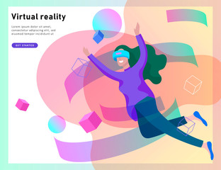 Wall Mural - Man and woman wearing virtual reality headset and looking at abstract sphere. Colorful vr world. Virtual augmented reality glasses concept with people learning and entertaining. Landing page template