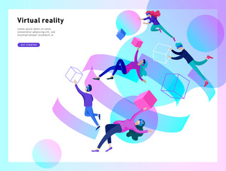 Wall Mural - Man and woman wearing virtual reality headset and looking at abstract sphere. Colorful vr world. Virtual augmented reality glasses concept with people learning and entertaining. Landing page template