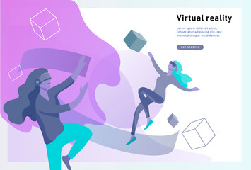 Wall Mural - Man and woman wearing virtual reality headset and looking at abstract sphere. Colorful vr world. Virtual augmented reality glasses concept with people learning and entertaining. Landing page template