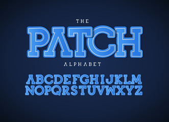 Poster - Patch letters set. Bold vector latin alphabet. Blue color font. Patch applique ABC, textile monogram and poster template. Typography design.