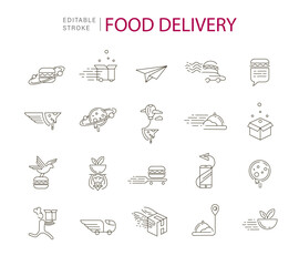 Vector icon and logo for food online deliwery. Editable outline stroke size. Line flat contour, thin and linear design. Simple icons. Concept illustration. Sign, symbol, element.